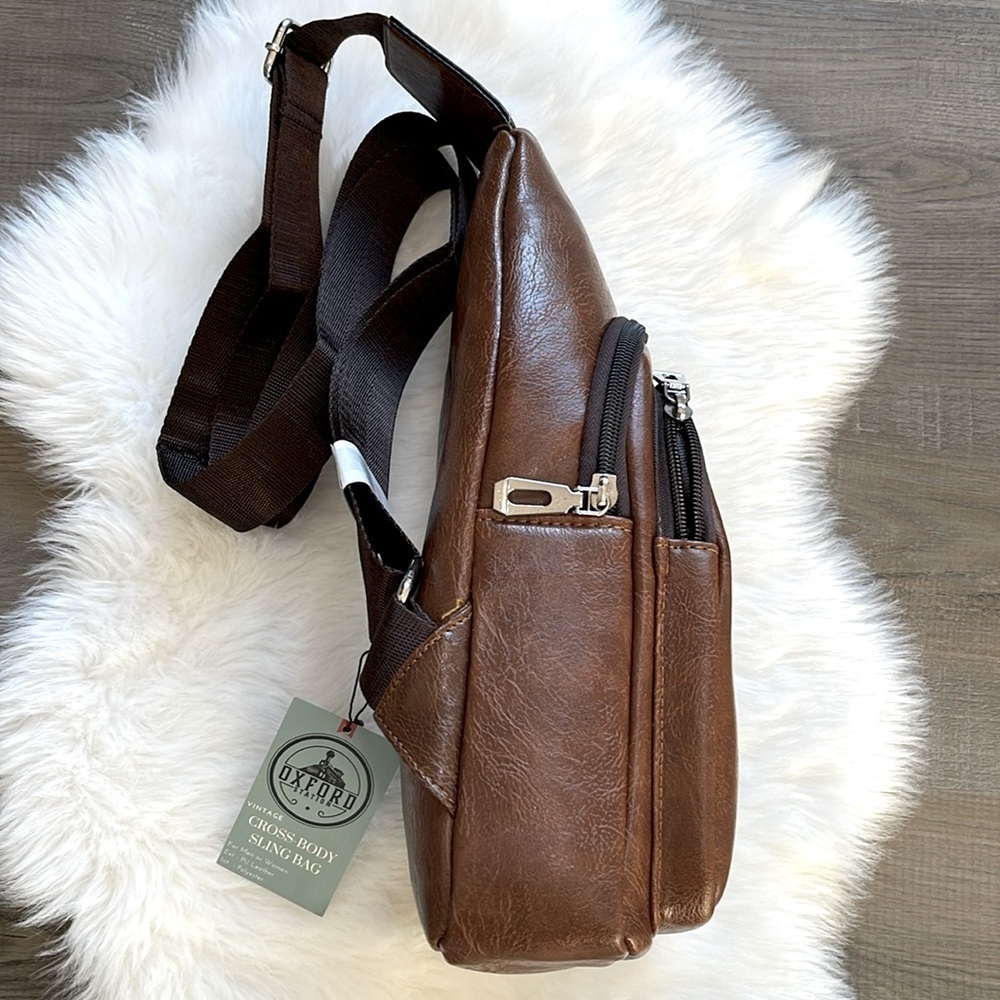 Oxford Station Vintage Style Unisex Crossbody Sling Bag Brown Vegan Leather - Picture 5 of 13